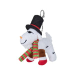 A plush goat keychain dressed in a black top hat with a red band, a green and red striped scarf, and red-and-white socks, attached to a silver metal key ring on a plain white background.