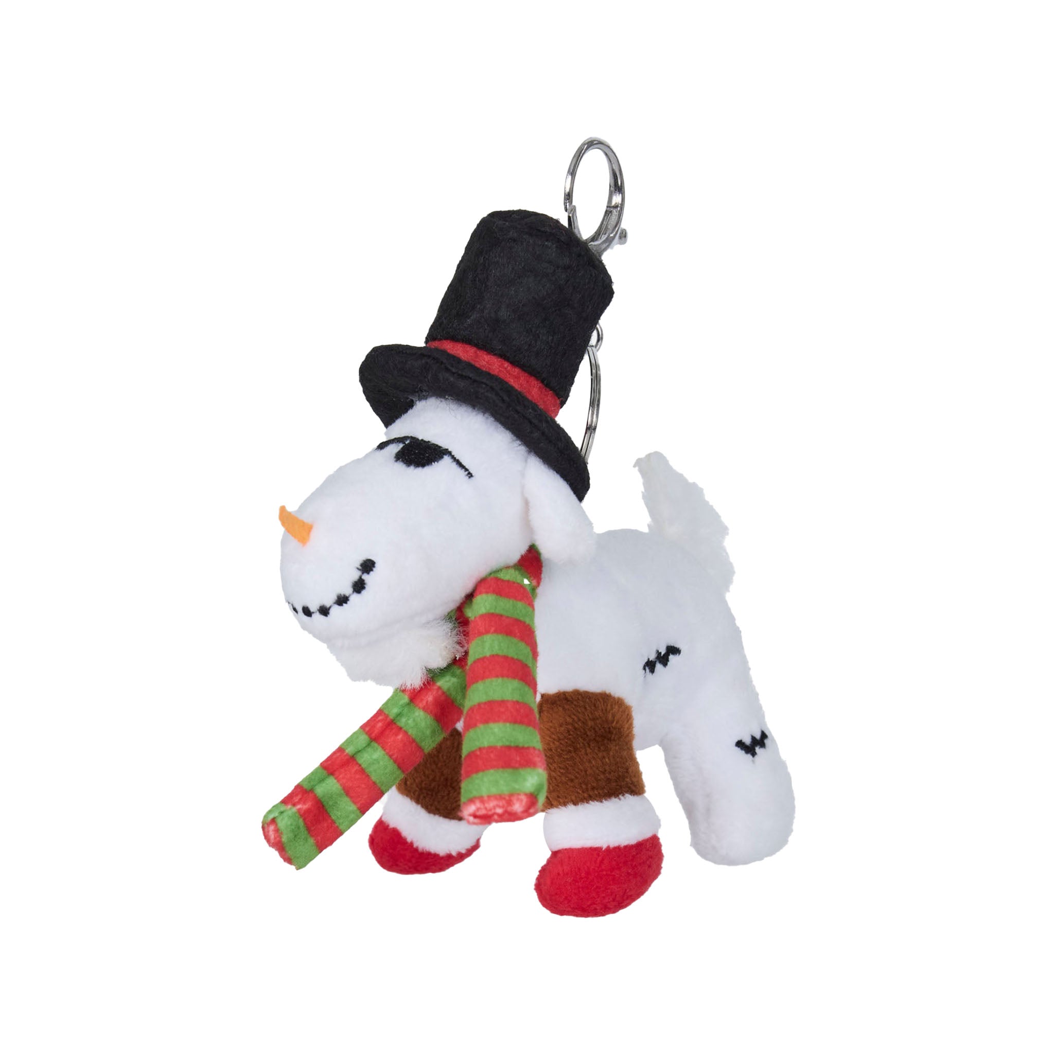 A plush goat keychain dressed in a black top hat with a red band, a green and red striped scarf, and red-and-white socks, attached to a silver metal key ring on a plain white background.