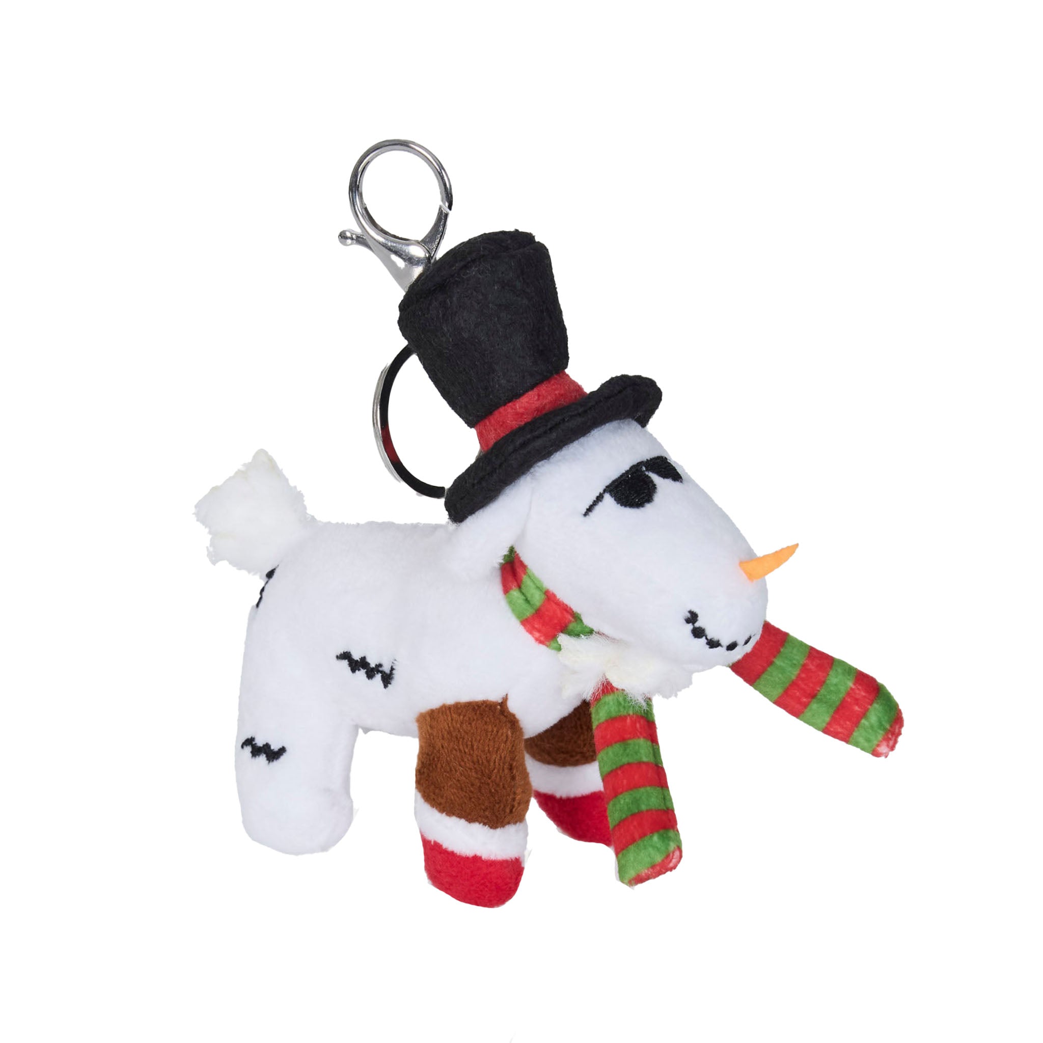A plush goat snowman keychain with a black top hat, red and green striped scarf, and silver metal key ring on a plain white background.