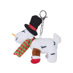 A plush white goat keychain charm styled as a snowman, wearing a black top hat with a red band, a green and red striped scarf, and small red and brown boots, attached to a silver metal clasp on a plain white background.