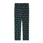 Dark green lounge pants with goats dressed like santa and christmas trees on a white background.