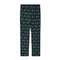 Dark green lounge pants with goats dressed like santa and christmas trees on a white background.