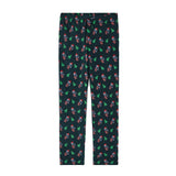 Dark green lounge pants with goats dressed like santa and christmas trees on a white background.