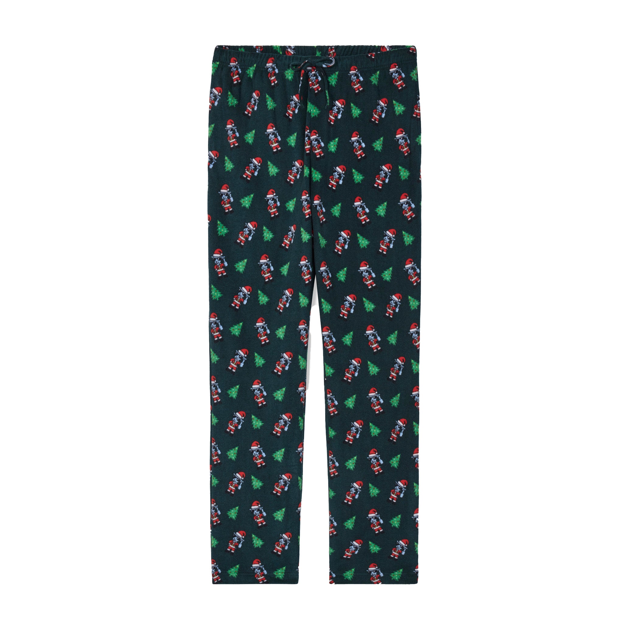 Dark green lounge pants with goats dressed like santa and christmas trees on a white background.