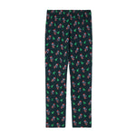 Dark blue lounge pants with goats dressed like santa and christmas trees on a white background., shown flat against a white background.