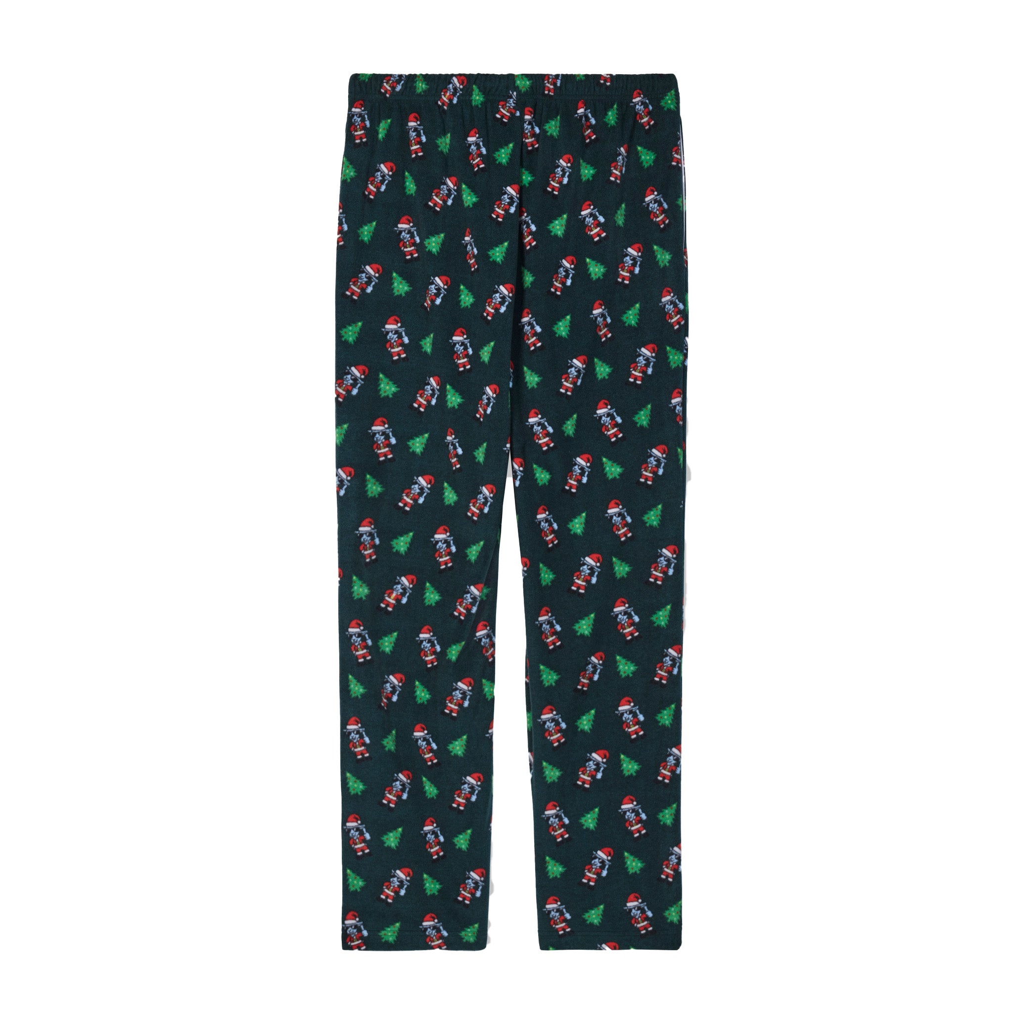 Dark green lounge pants with goats dressed like santa and christmas trees on a white background.