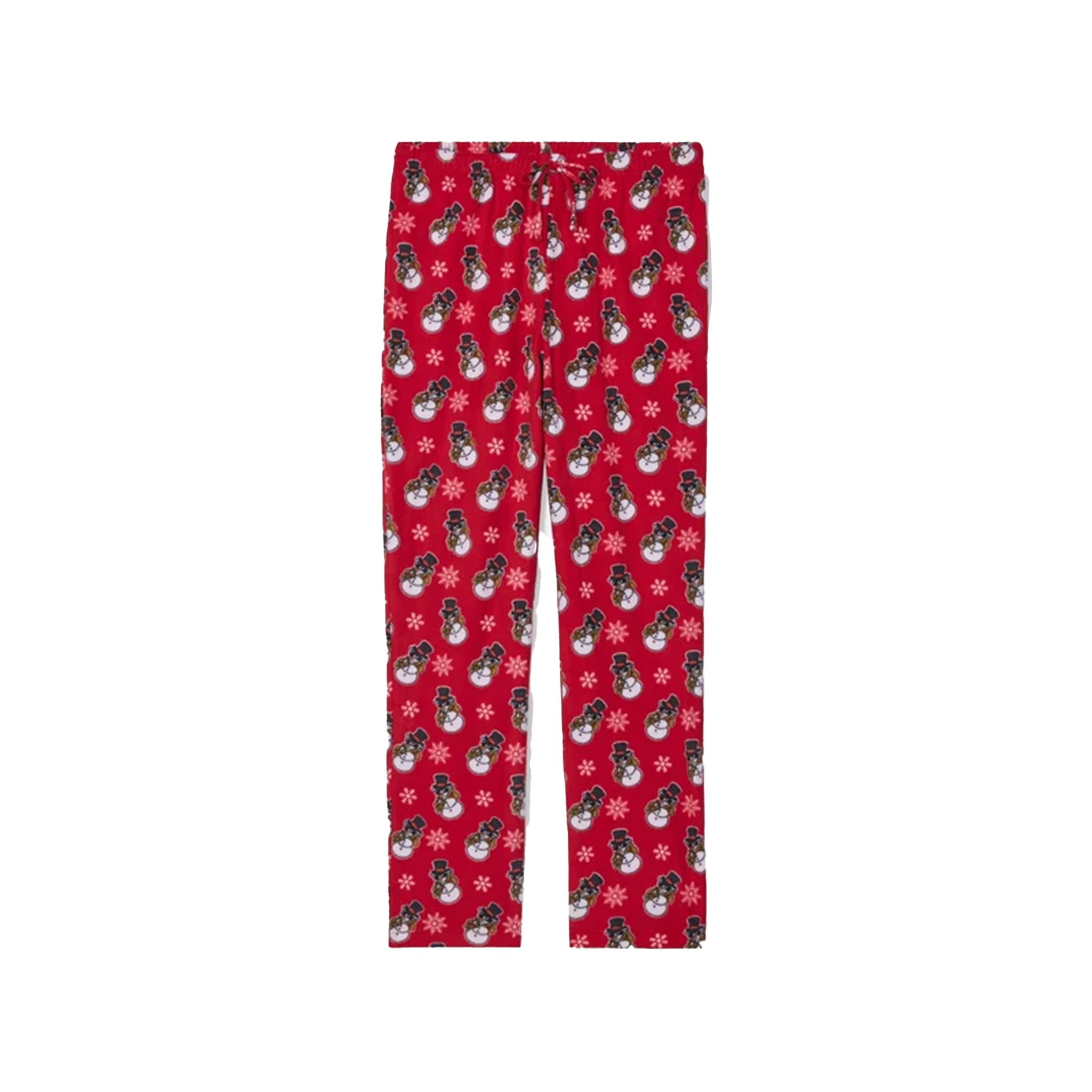 Red holiday-themed lounge pant with an all-over print of snowman and snowflakes, shown flat against a white background.