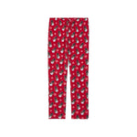 Red holiday-themed lounge pant with an all-over print of snowman and snowflakes, shown flat against a white background.