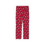 Red holiday-themed lounge pant with an all-over print of snowman and snowflakes, shown flat against a white background.