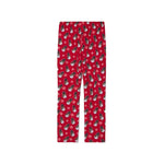 Red holiday-themed lounge pant with an all-over print of snowman and snowflakes, shown flat against a white background.