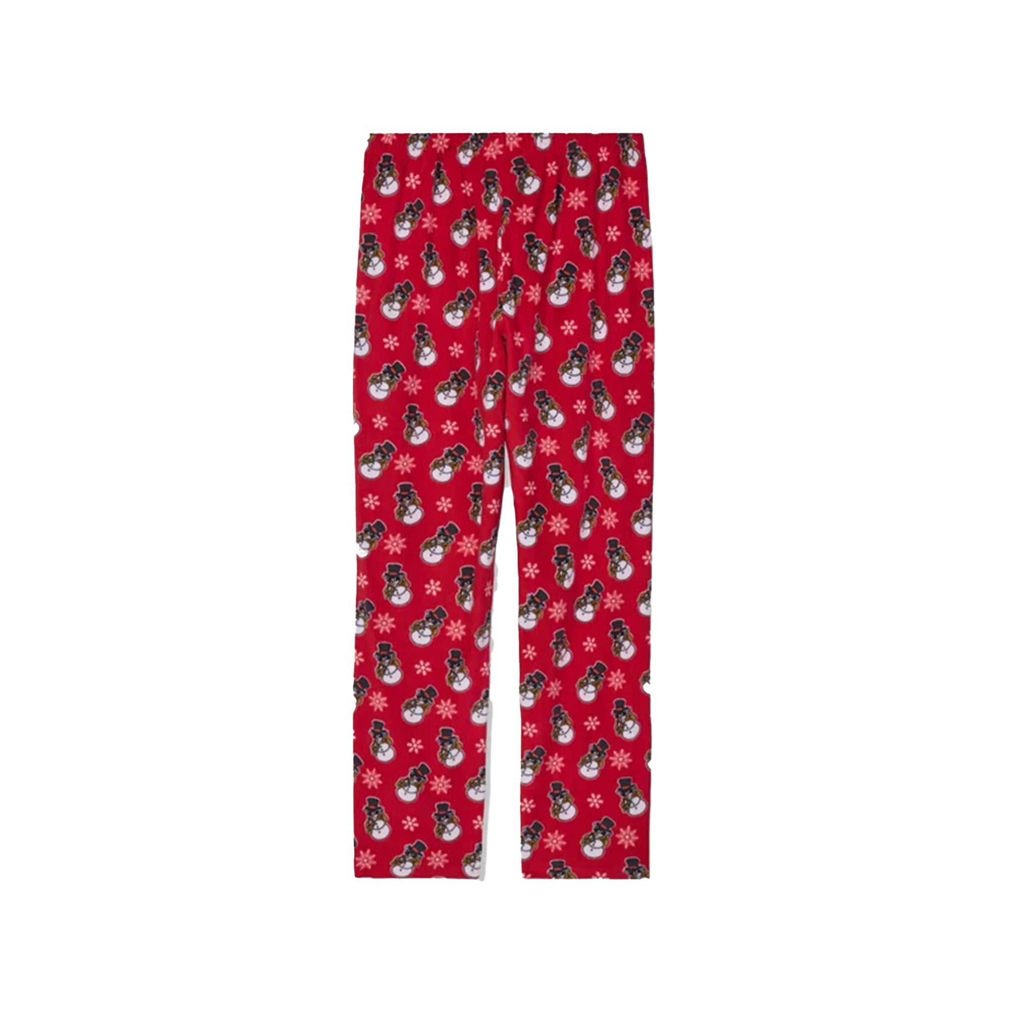 Red holiday-themed lounge pant with an all-over print of snowman and snowflakes, shown flat against a white background.