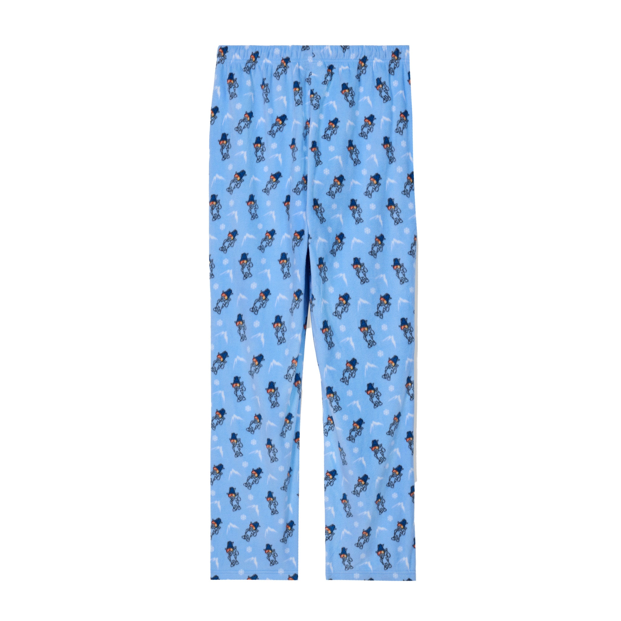 Light blue pajama pants with an all-over repeating pattern of a skiing goat, shown flat against a white background.