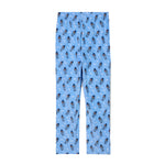 Light blue pajama pants with an all-over repeating pattern of a skiing goat, shown flat against a white background.
