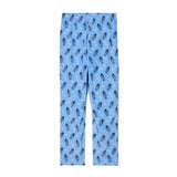 Light blue pajama pants with an all-over repeating pattern of a skiing goat, shown flat against a white background.