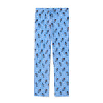 Light blue pajama pants with an all-over repeating pattern of goat characters in dark blue and white, shown flat against a white background.