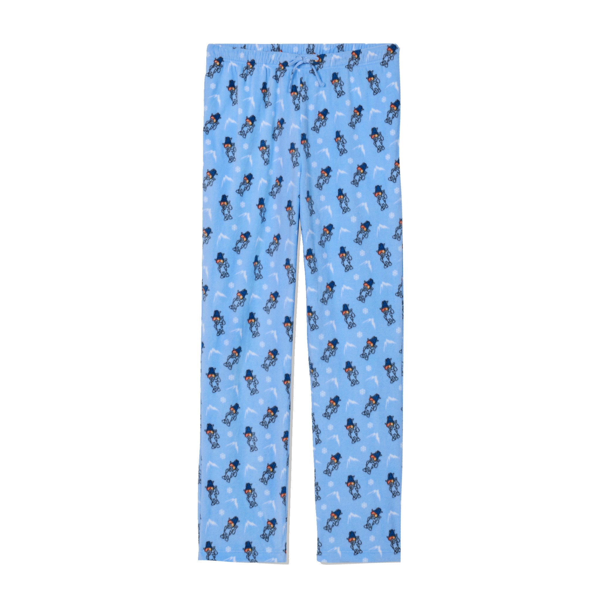 Light blue pajama pants with an all-over repeating pattern of goat characters in dark blue and white, shown flat against a white background.