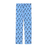 Light blue pajama pants with an all-over repeating pattern of a skiing goat, shown flat against a white background.