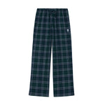 A pair of wide-leg plaid lounge pants in dark green with white and light blue lines, featuring an elastic waistband and a small white embroidered logo on the left thigh.
