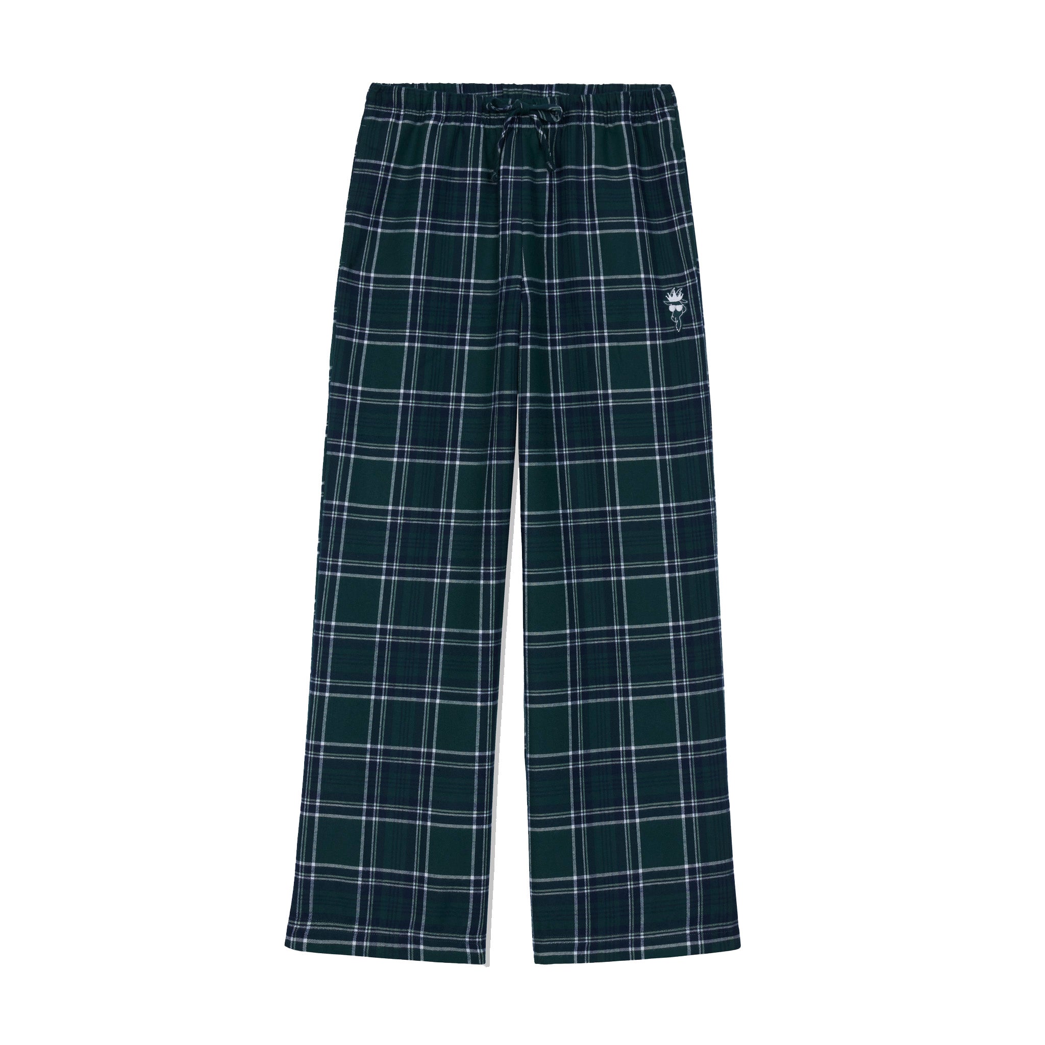 A pair of wide-leg plaid lounge pants in dark green with white and light blue lines, featuring an elastic waistband and a small white embroidered logo on the left thigh.