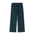 A pair of wide-leg plaid lounge pants in dark green with white and light blue lines, featuring an elastic waistband and a small white embroidered logo on the left thigh.