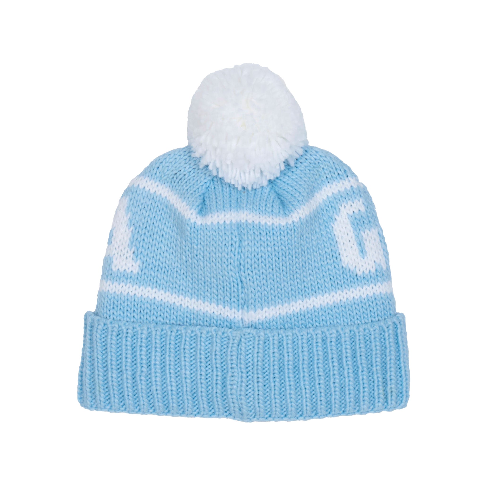 A light blue knit pom-pom beanie with white stripes and large white knit letters on the sides, shown against a plain white background.