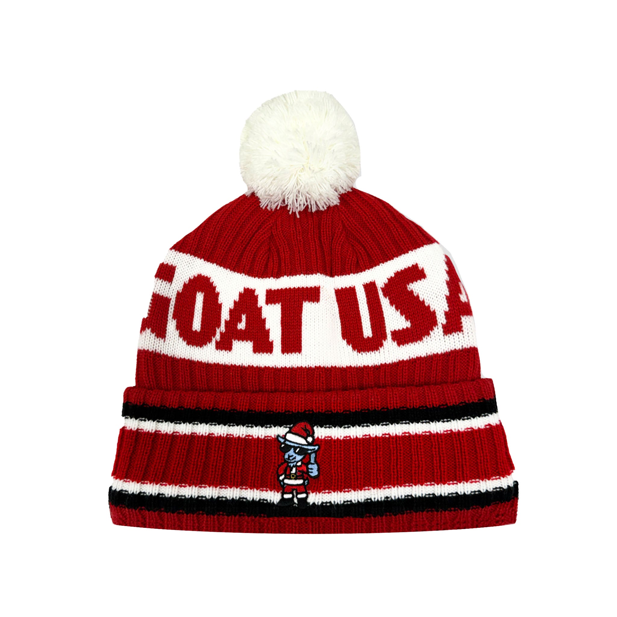 A red and white knit beanie with a white pom-pom, featuring the text 'GOAT USA' and a small goat mascot on the cuff.