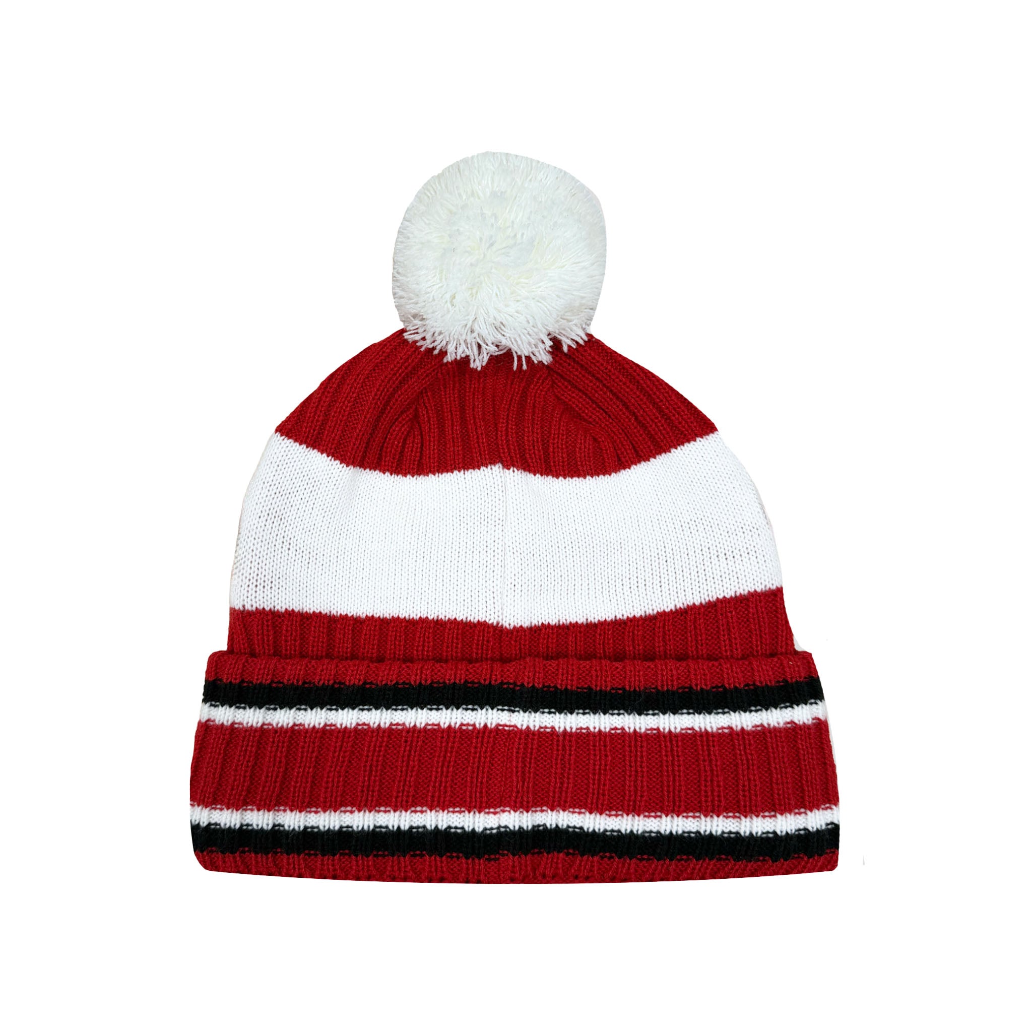 A red and white striped knit beanie hat with a fluffy white pom-pom on top, shown against a plain white background.