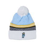 A light blue and white patterned knit beanie with a white pom-pom, a yellow stripe, a black and white chevron stripe, and a white ribbed cuff featuring a small embroidered cartoon character.