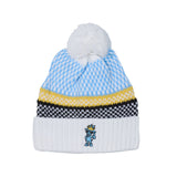 A light blue and white patterned knit beanie with a white pom-pom, a yellow stripe, a black and white chevron stripe, and a white ribbed cuff featuring a small embroidered cartoon character.