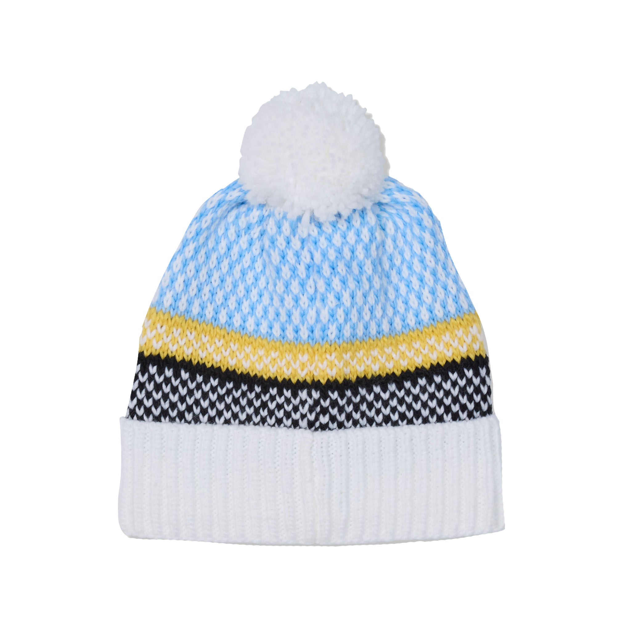 A knit pom-pom beanie hat featuring a light blue and white patterned top section, a yellow stripe, a black and white patterned band, and a solid white ribbed cuff with a white pom-pom on top, shown against a plain white background.