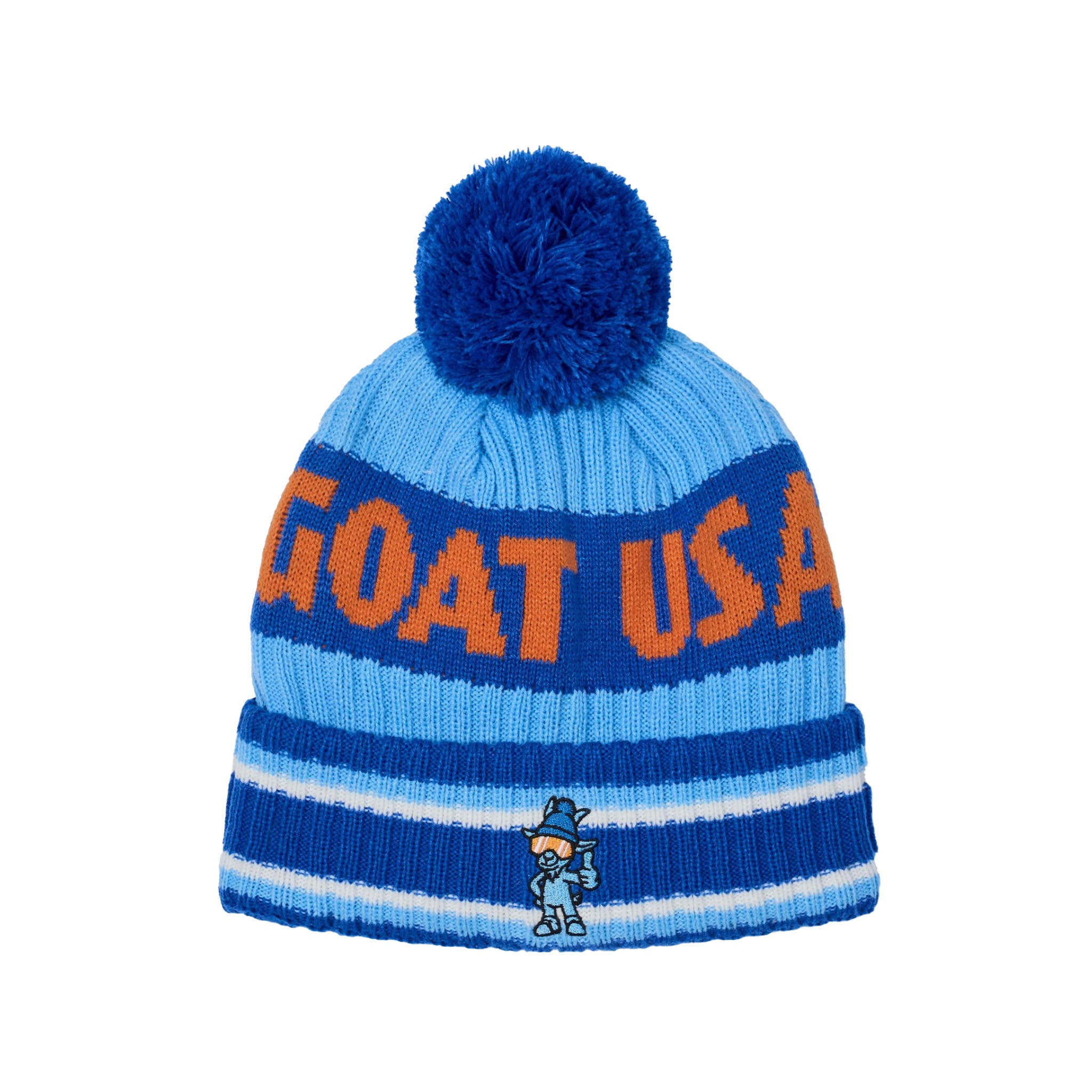 A blue and light blue knit beanie hat with a dark blue pom-pom, featuring the text 'GOAT USA' in orange and a small goat mascot logo near the cuff.