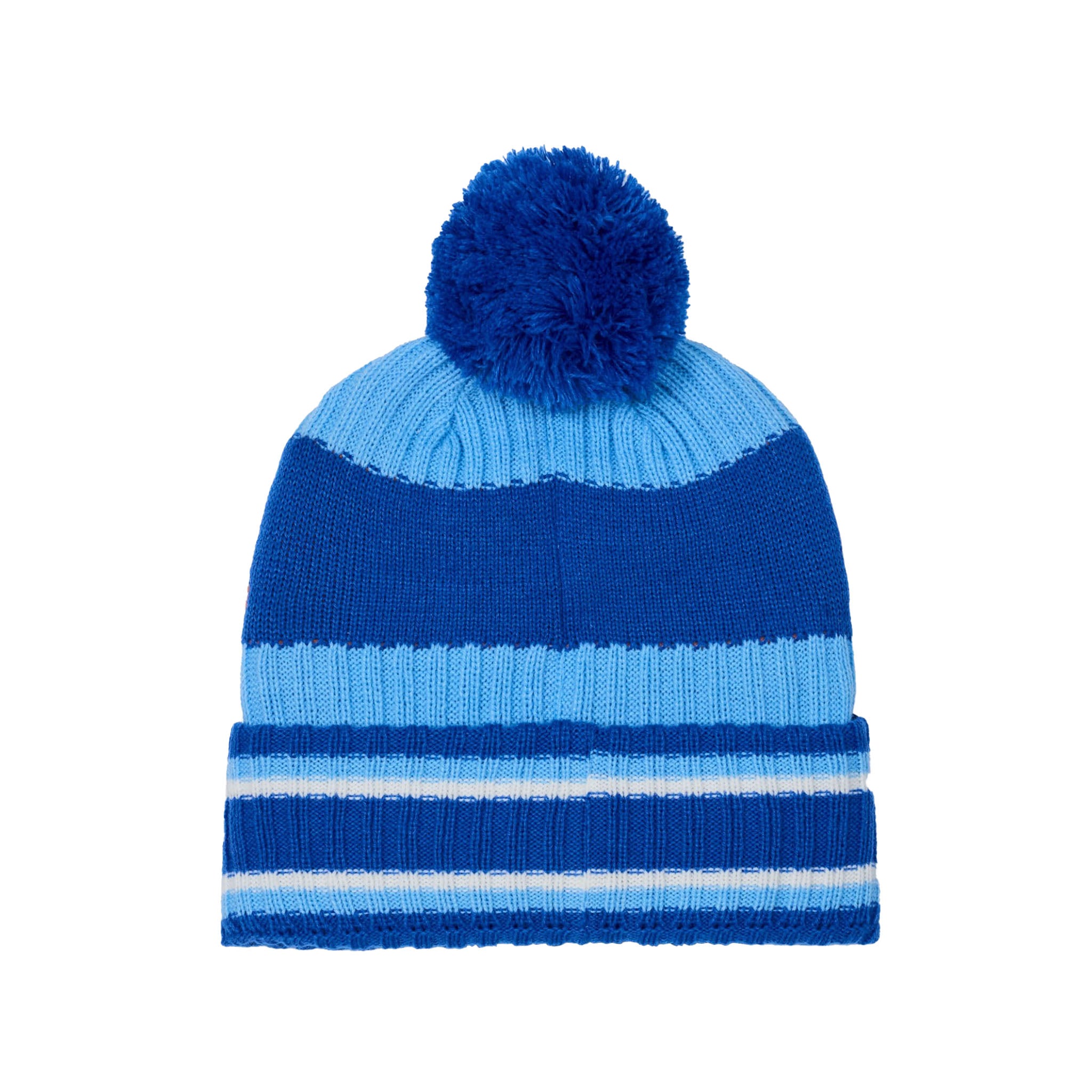 back of blue and light blue striped knit beanie hat with a fluffy blue pom-pom on top, shown against a plain white background.