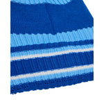 A close-up of a ribbed knit beanie hat featuring horizontal stripes in royal blue, light blue, and white, shown against a plain white background.