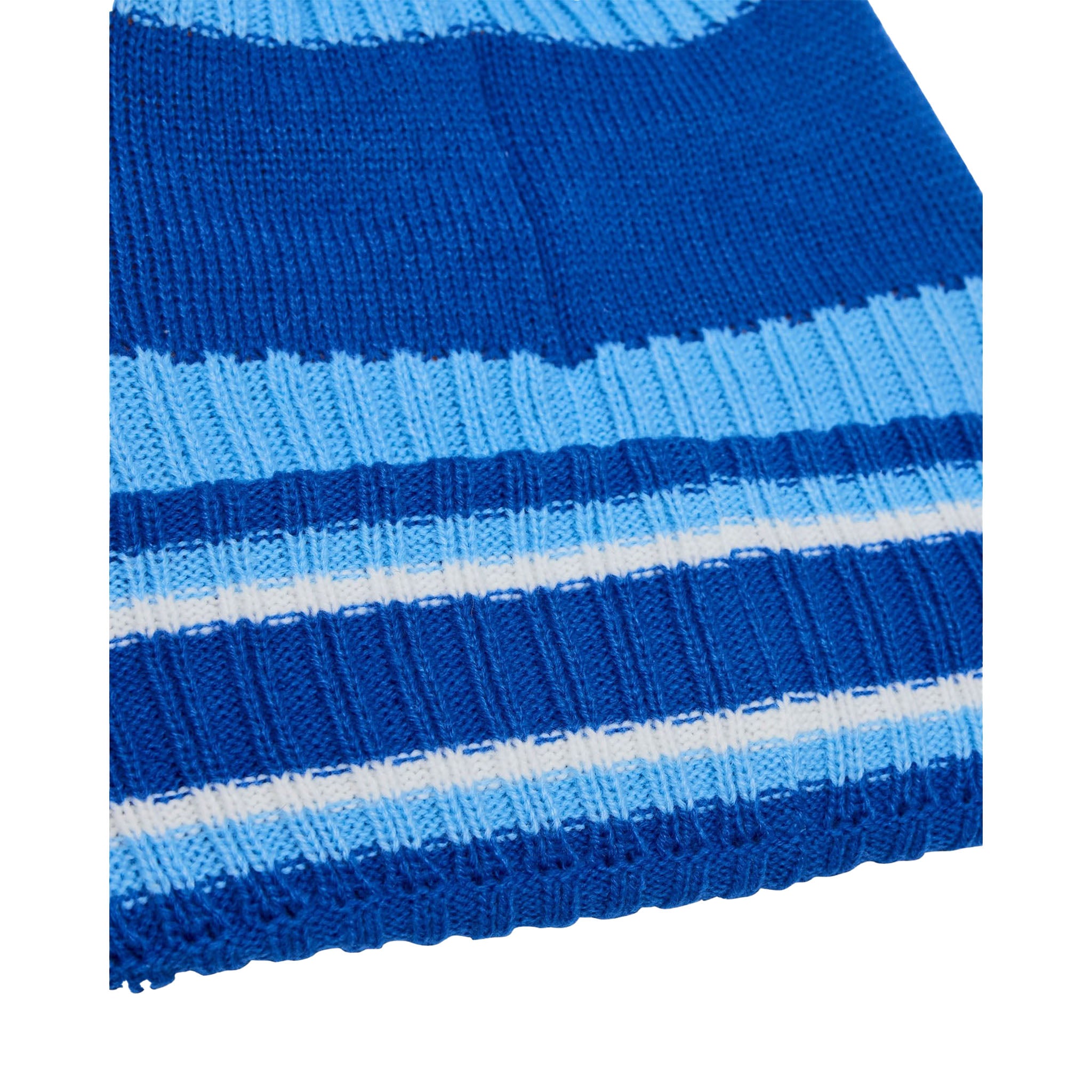 A close-up of a ribbed knit beanie hat featuring horizontal stripes in royal blue, light blue, and white, shown against a plain white background.