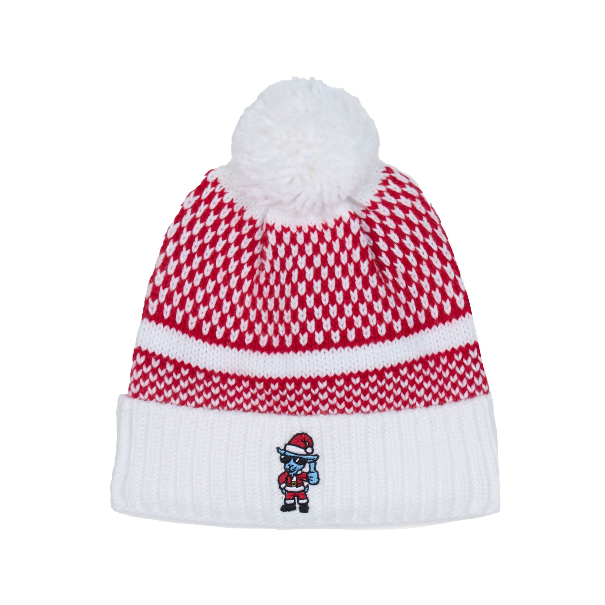 A red and white knit beanie hat with a white pom-pom on top and a white ribbed cuff, featuring a small embroidered goat Santa Claus character on the front.