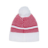 A red and white patterned knit beanie hat with a fluffy white pom-pom on top and a white ribbed cuff, shown against a plain white background.