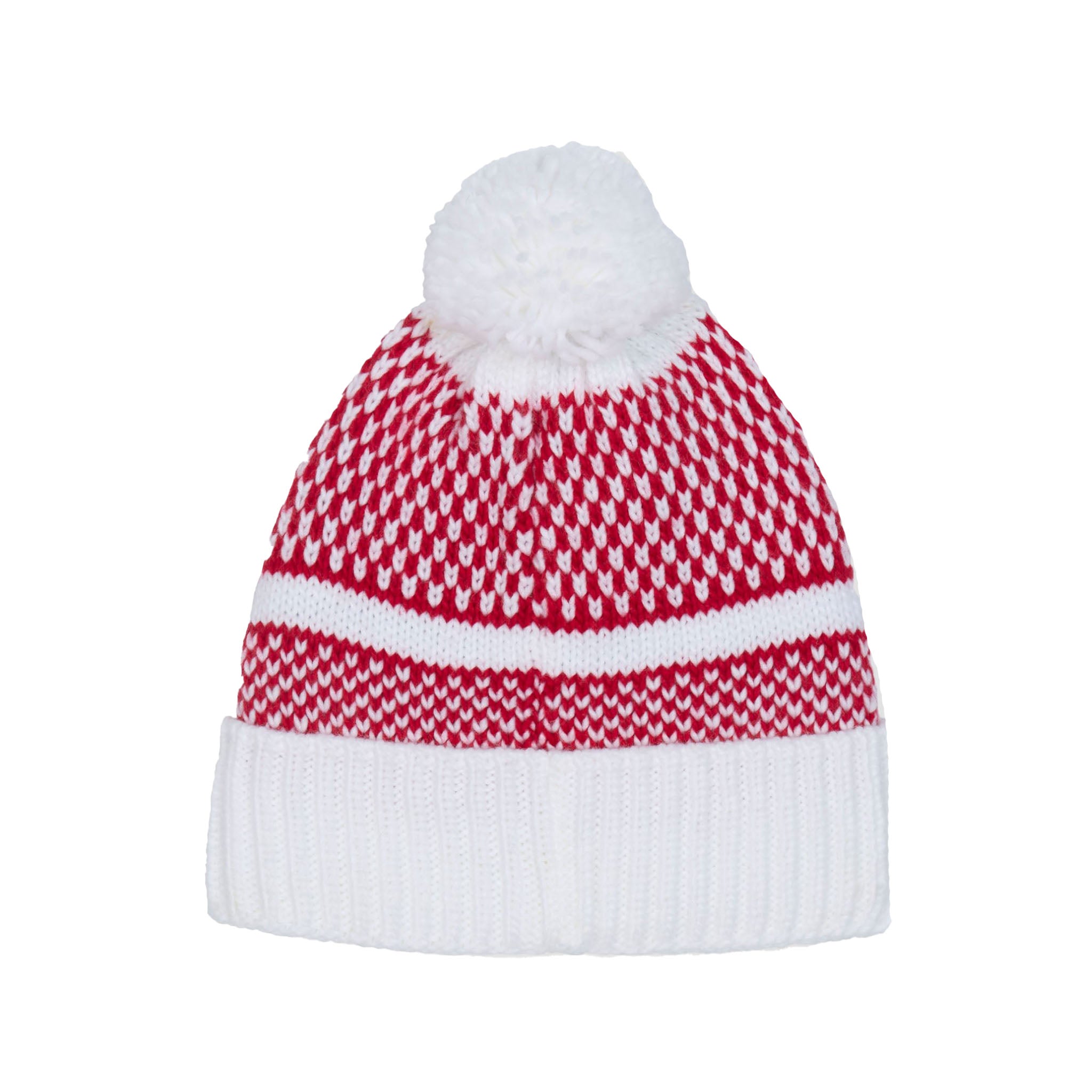 A red and white patterned knit beanie hat with a fluffy white pom-pom on top and a white ribbed cuff, shown against a plain white background.