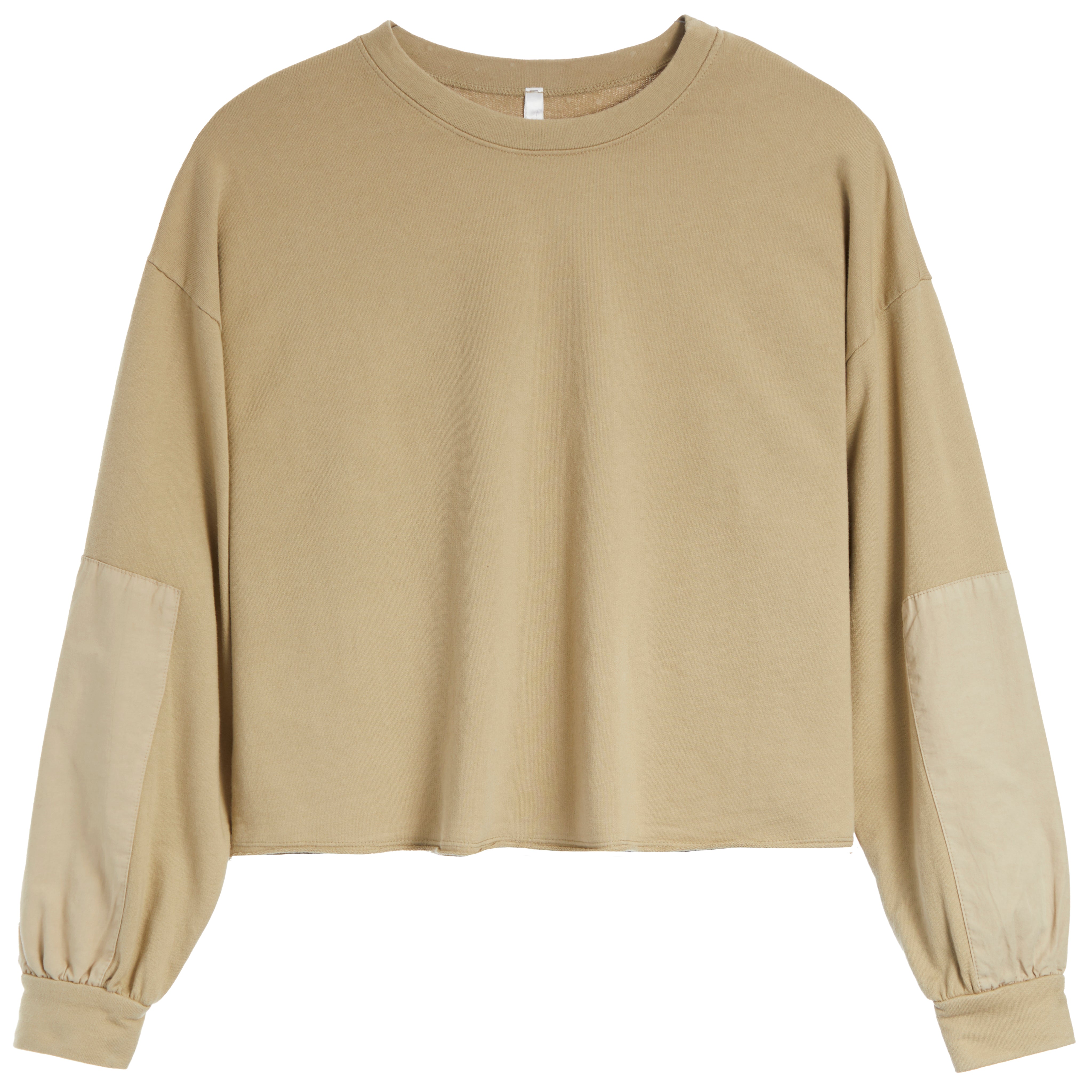 A cropped long-sleeve sweatshirt in a warm tan/beige color, featuring solid fabric on the body and contrasting slightly lighter beige patch pockets on the sleeves, shown against a plain white background.