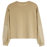 A beige long-sleeve cropped sweatshirt with contrast light beige knit elbow patches, shown from the back on a white background.