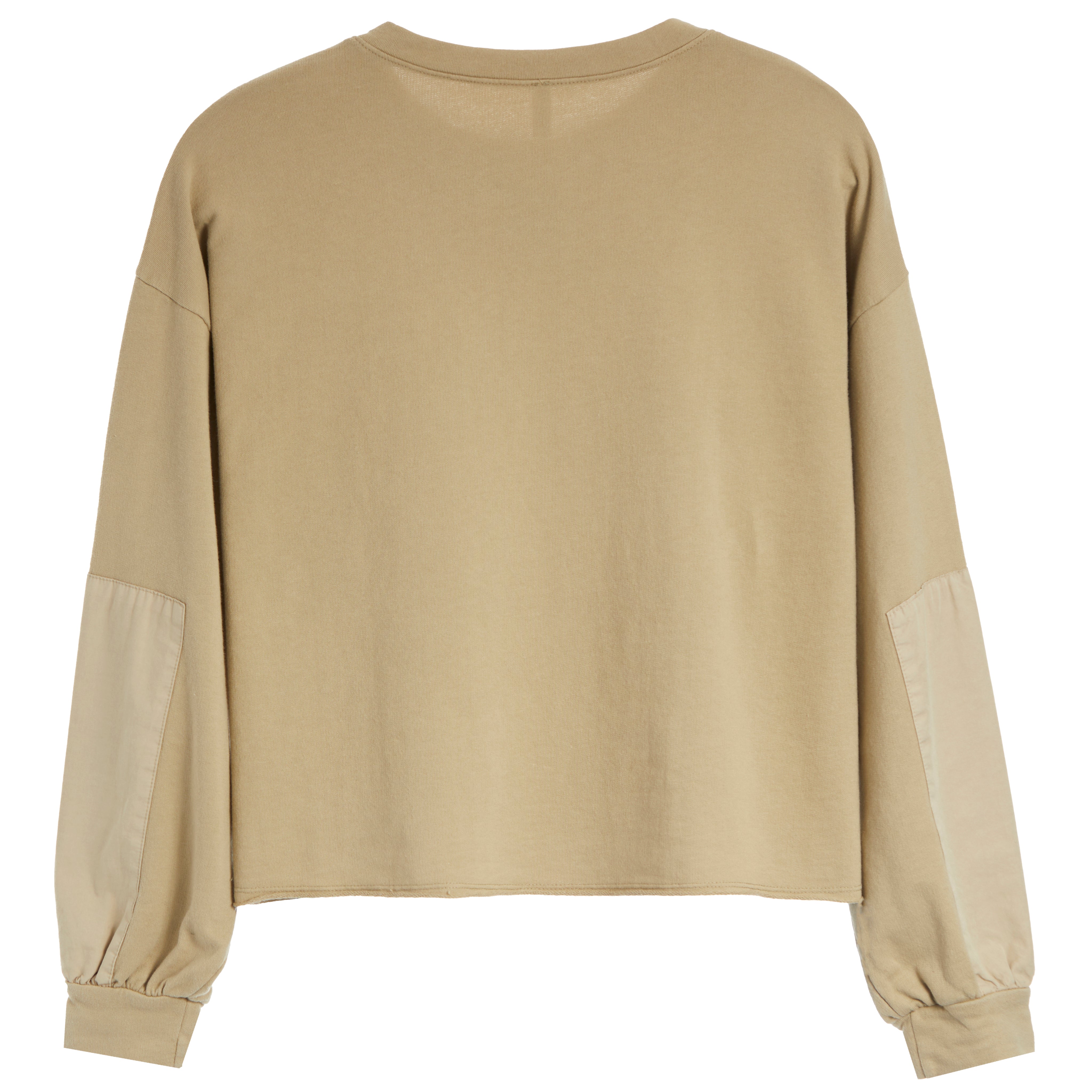 A beige long-sleeve cropped sweatshirt with contrast light beige knit elbow patches, shown from the back on a white background.