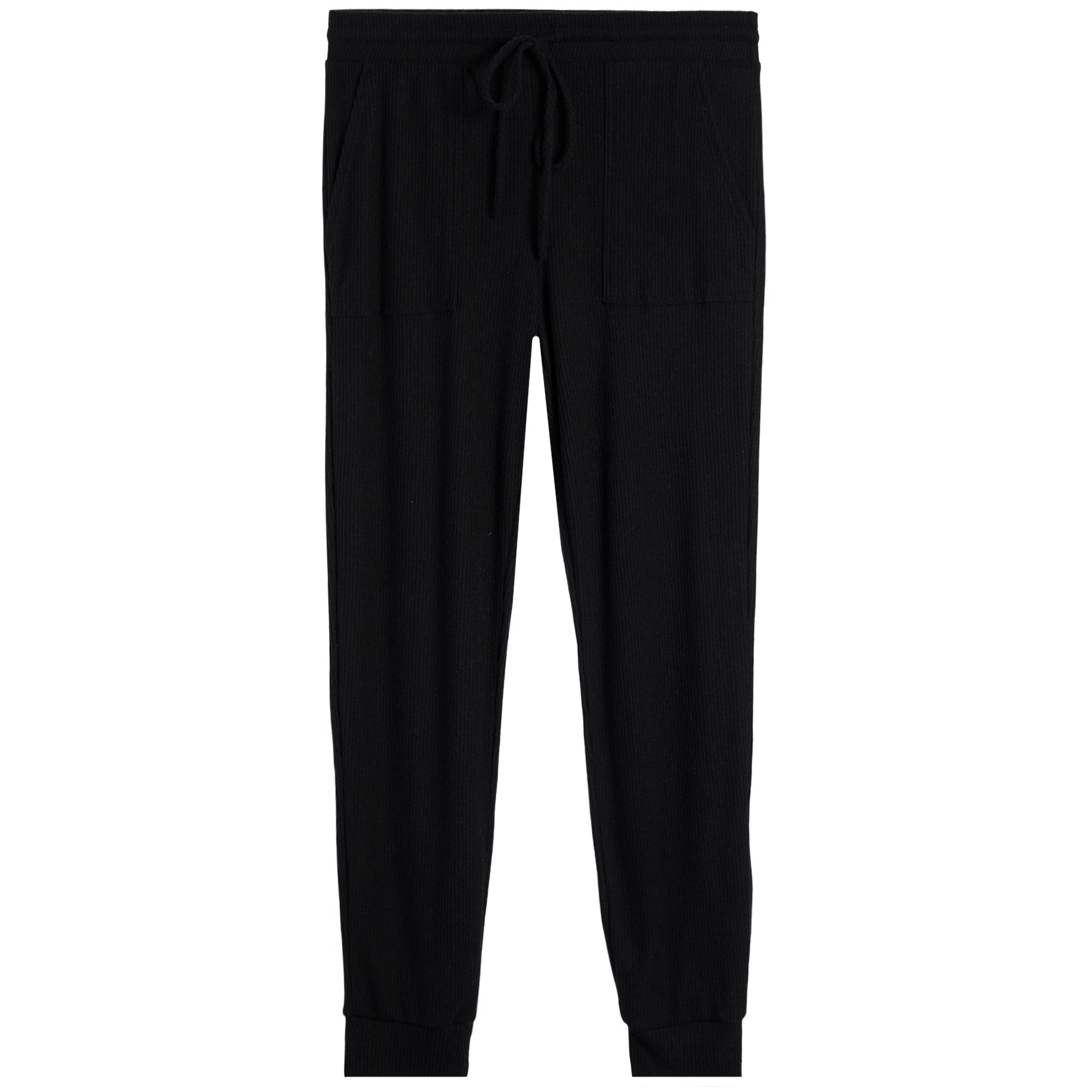 Black jogger pants on a white background