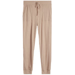 Beige ribbed jogger pants with drawstring on a white background