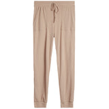 Beige ribbed jogger pants with drawstring on a white background