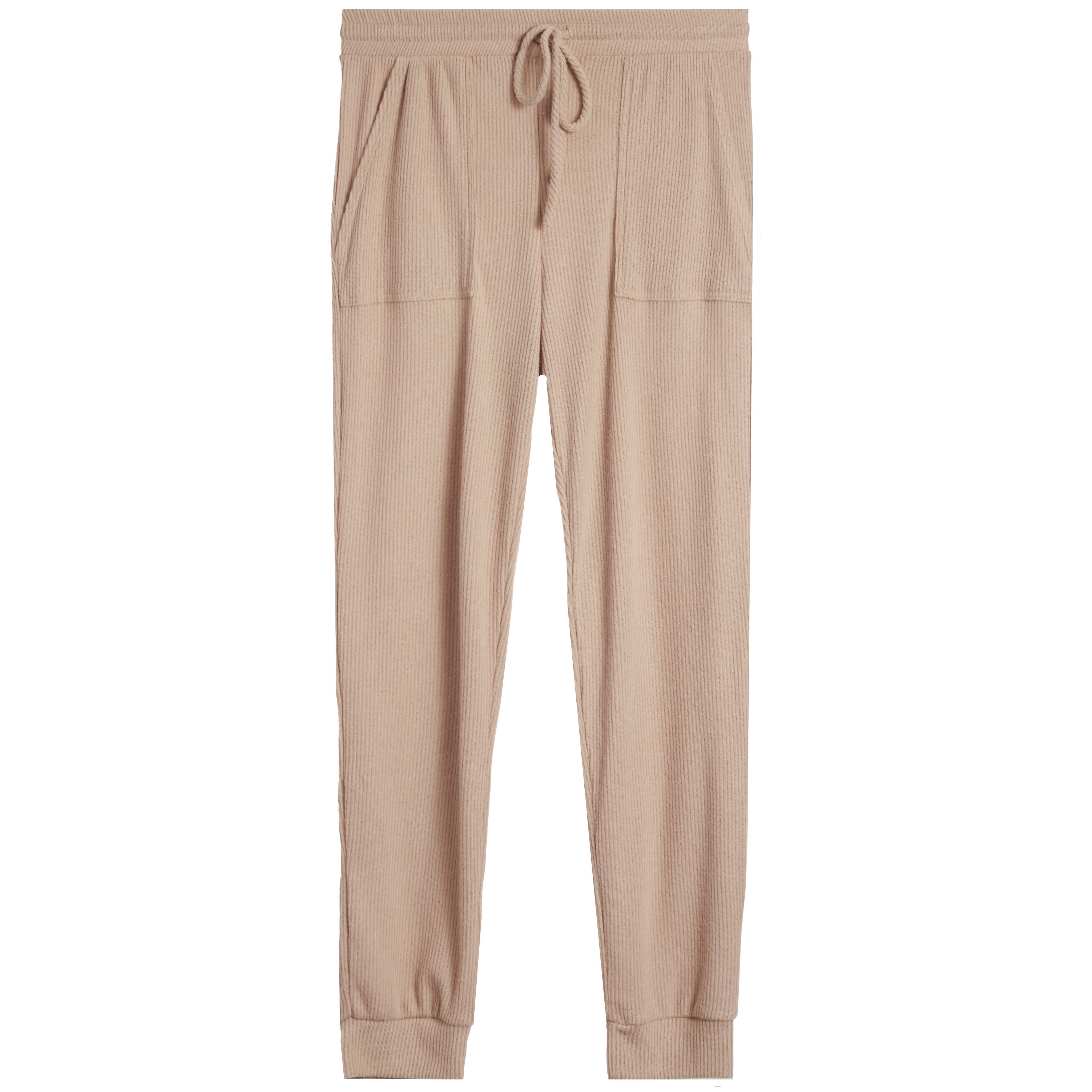 Beige ribbed jogger pants with drawstring on a white background