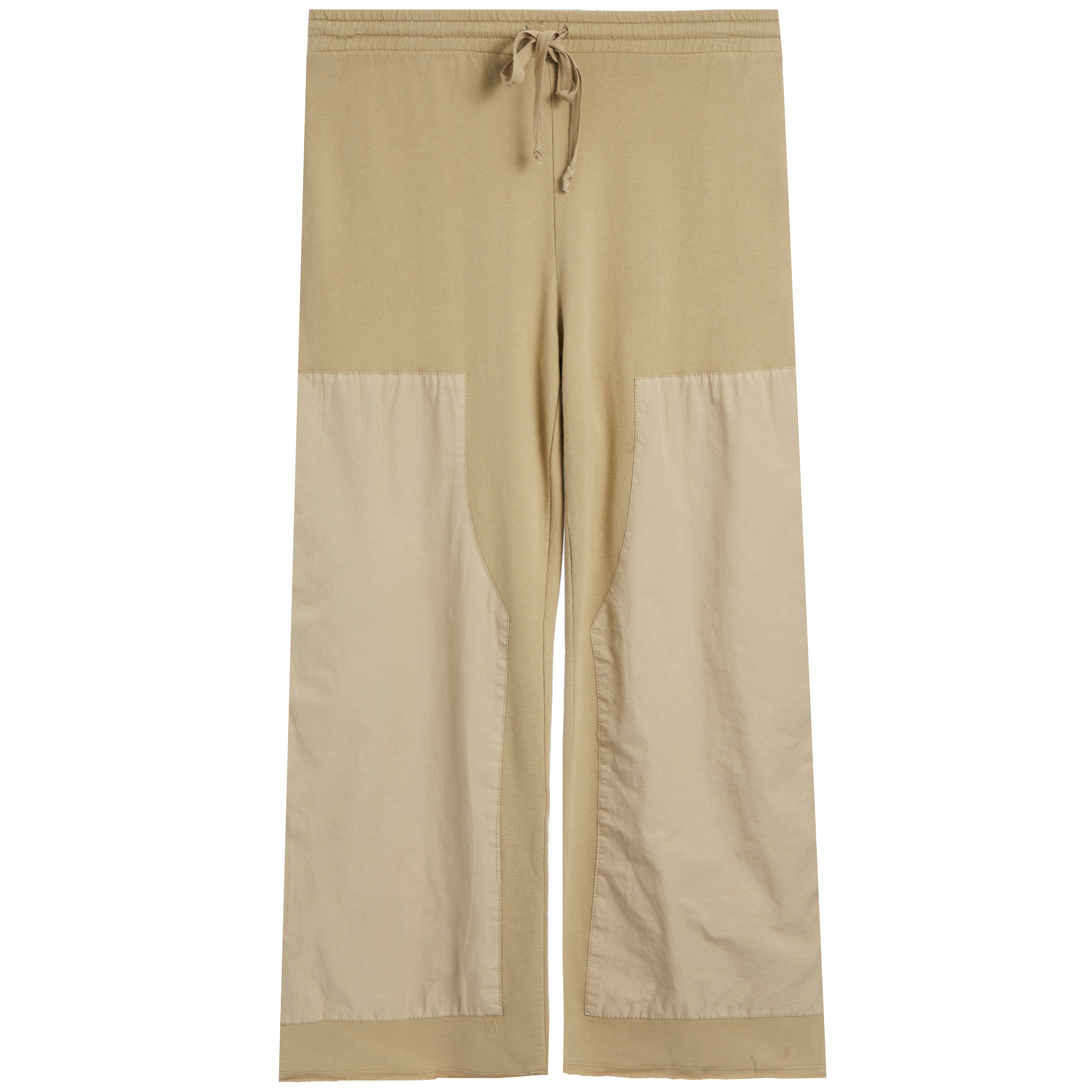 A pair of beige pants with a solid upper section and contrasting light beige patch pockets on the lower legs, featuring a drawstring waistband, shown against a plain white background.