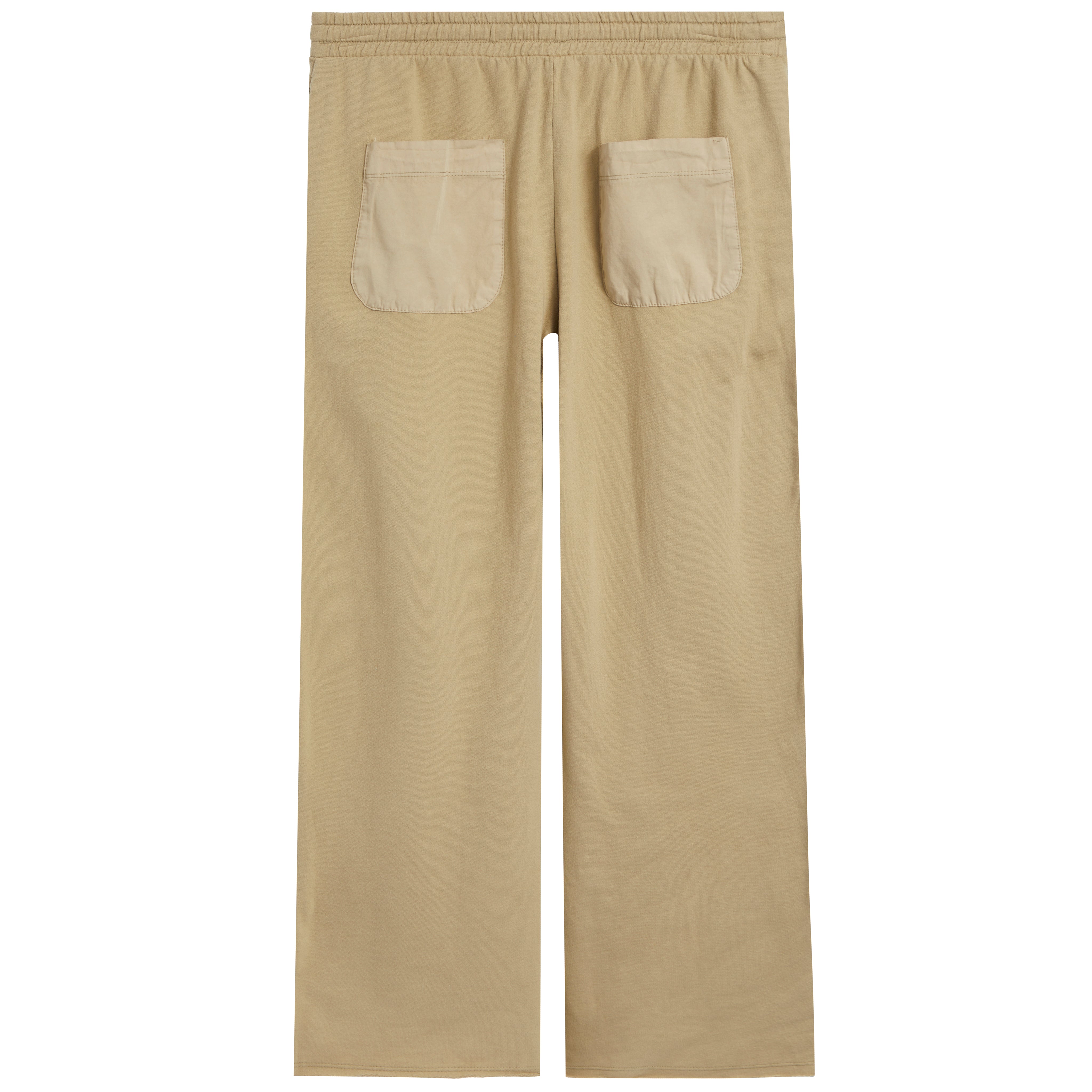 A pair of beige pants shown from the back, featuring an elastic waistband and two matching beige welt pockets on the back of the legs, set against a plain white background.