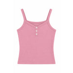 A pink sleeveless camisole top with a henley-style neckline and three small white buttons, shown flat against a plain white background.