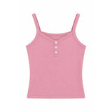 A pink sleeveless camisole top with a henley-style neckline and three small white buttons, shown flat against a plain white background.