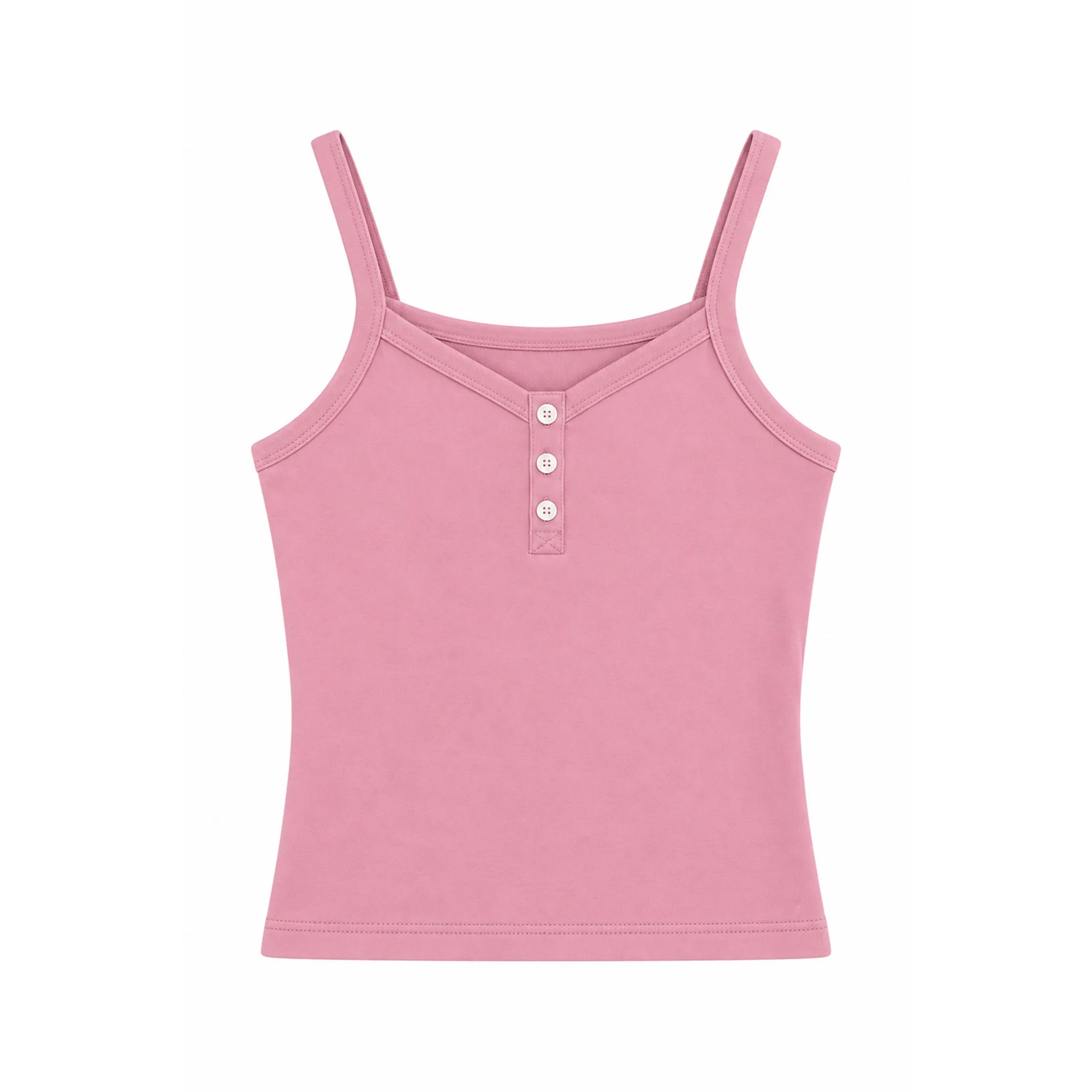 A pink sleeveless camisole top with a henley-style neckline and three small white buttons, shown flat against a plain white background.