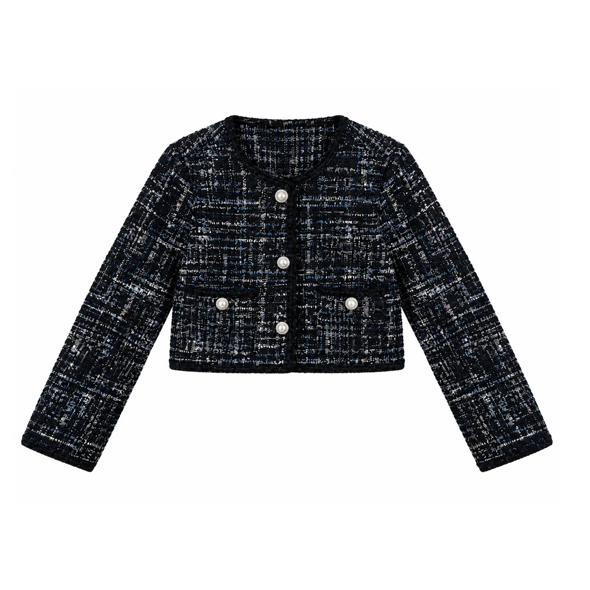 A cropped tweed jacket with long sleeves, featuring a black and white textured weave, a round neckline, three silver-tone buttons, and two front flap pockets with decorative buttons.